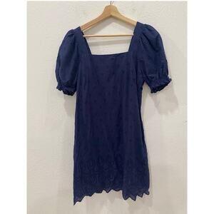 Draper James Navy Blue RSVP Eyelet Puff-Sleeve Mini Dress Women's Size S